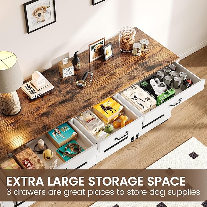 71 Inch Dog Crate Furniture for 2 Rooms, Wooden Double Crate Large Breed with Door, Dog Kennel Indoor, TV Stand End Table with Divider for Large Medium Dogs,White/Brown-PurrikoPets