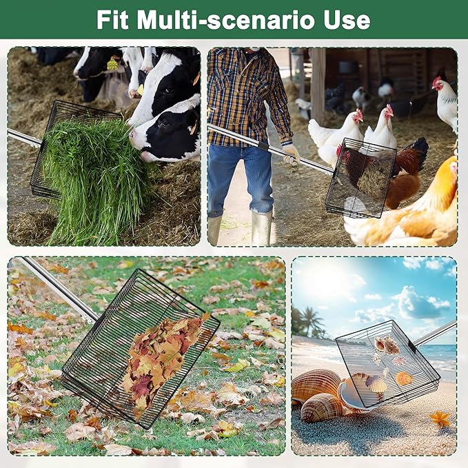 15-inch Large Chicken Poop Scooper, 5 in 1 Adjustable Chicken Coop Scoop with Ergonomic Grip, 24" to 77" Long Stainless Steel Sifting Litter Shovel Pooper Scooper Chicken Coop Accessories-PurrikoPets