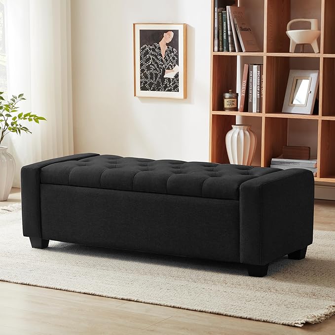48" Ottoman with Storage, Black Storage Ottoman Bench with Safety Hinge, Upholstered Entryway Bench with Seating for Bedroom, Living Room, Holds up to 330 lb-PurrikoPets