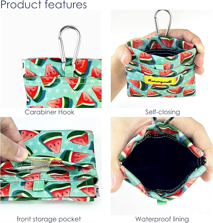 Dog Treat Pouch,Cotton Pocket Sized Training Holder, Hand Free Walking Funny Bag with Carabiner, Self-Closing Pet Feed Snack Reward, Behavior Aids for Puppy Travel or Outdoor Use（Watermelon）-PurrikoPets