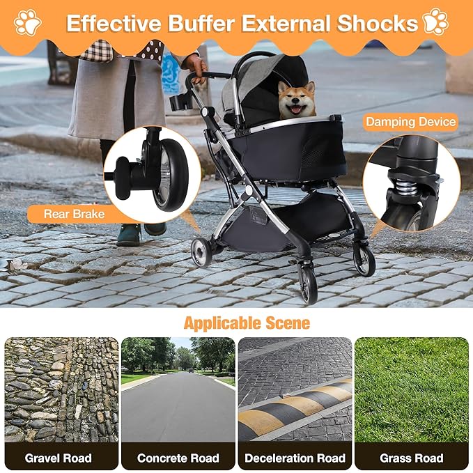 Dog Stroller for Small Medium Dogs, 3 in 1 Folding Pet Stroller Up to 33 lbs, 4 Wheels Pet Strolling Cart with Zipperless Entry, Cat Dog Travel Carrier with Telescopic Handle and Storage Basket-PurrikoPets