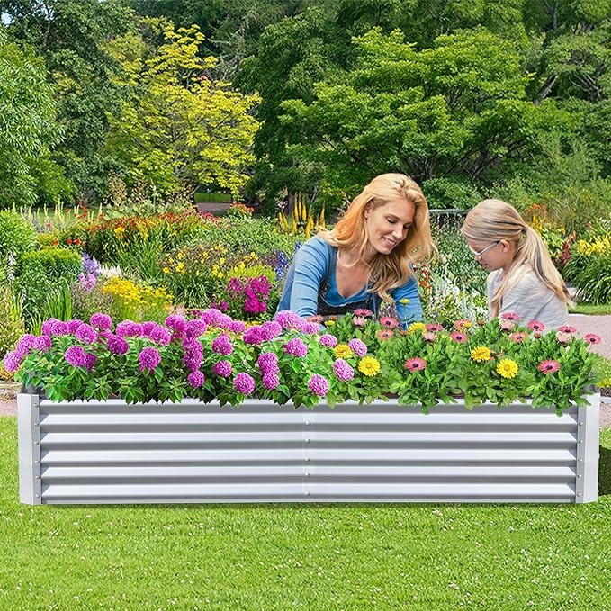 Domi Raised Garden Beds Outdoor, 8x4x1.5Ft Thickening Tall Metal Rectangular Deep Root Box Planter for Vegetables, Flowers, Herbs, and Succulents 1.5" Deep w/ 342 Gallon Capacity - Silvery-PurrikoPets