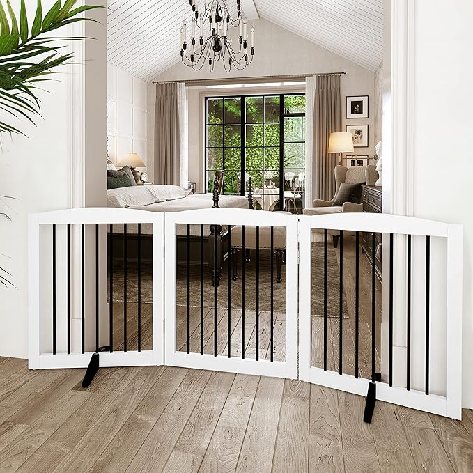 Freestanding Wooden Pet Gate for House, Foldable Indoor Dog Gate for Doorways, Stairs - 24" Height, 3 Panels, White-PurrikoPets