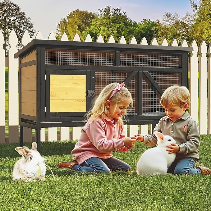 46.7" Rabbit Cage Elevated Bunny Cage Indoor, Outdoor Rabbit Hutch Hamster Cages for Small Animals, Wooden Guinea Pig Cages with Removable Tray & Waterproof Asphalt Roof & Bottom Wire Mesh-PurrikoPets