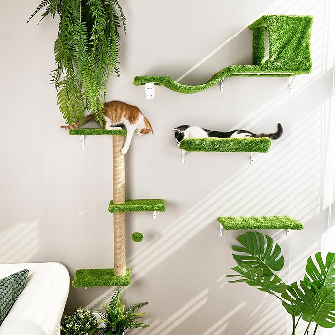 FUKUMARU Cat Wall Shelves, Stable & Safe 4 in 1 Cat Furniture Set, Wooden Climbing Wall with Scratching Post, Bridge and Bed, Stylish Jungle Gym for 16 Inch Drywall - Green-PurrikoPets