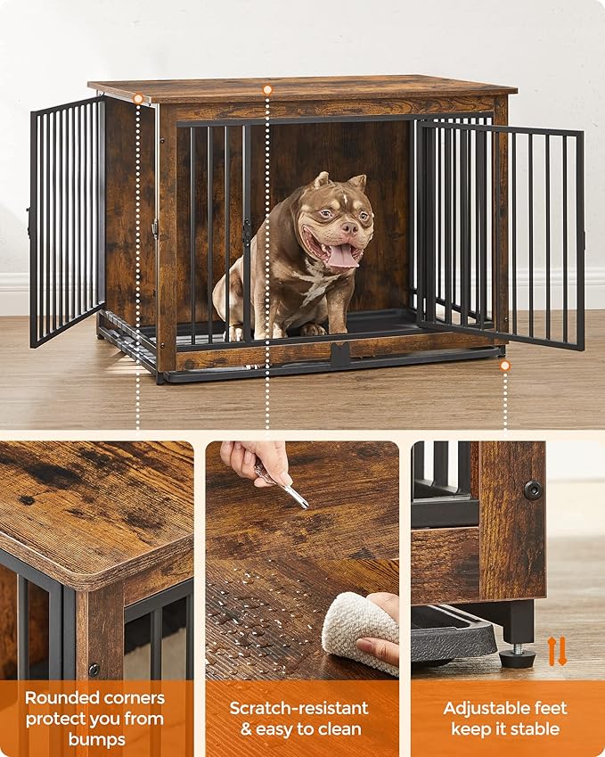 Feandrea Dog Crate Furniture, 38 Inches Dog Kennel for Dogs up to 70 lb, with Removable Tray, Heavy-Duty Dog Cage End Table, Double Doors Dog House, Rustic Brown UPFC013X01-PurrikoPets