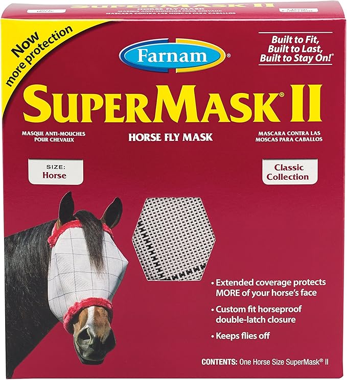Farnam SuperMask II horse fly mask without ears, extended coverage, protects eyes from insects and debris, adjustable throat latch, Average Horse Size-PurrikoPets