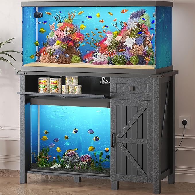 40 Gallon Aquarium Stand With Charging Station, Farmhouse Fish Tank Stand, Reptile Tank Stand Terrarium Stand with Drawer and Cabinet Storage, Sturdy Heavy Duty 41.9"×18.3" Tabletop - Black-PurrikoPets