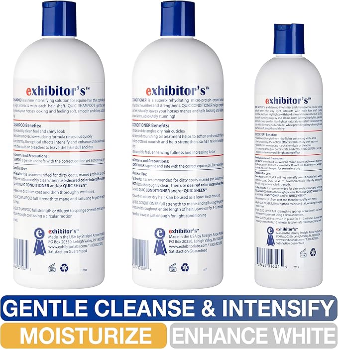 exhibitor's Quic Silver System Includes Quic Shampoo Quic Conditioner 32 Ounce Each Plus Quic Silver 16 Ounce for Dogs, Horses, Greys, Palominos, Cream Color Coats Silver Ash Highlights-PurrikoPets