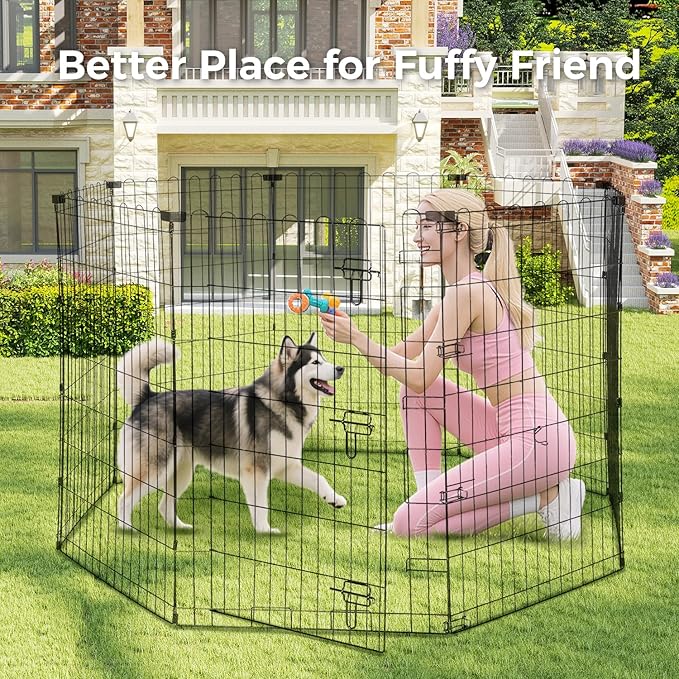Foldable Dog Playpen 42" Height 8 Panels Metal Exercise Pen with Door - Indoor/Outdoor Dog Play Pen for Medium-Large Dogs, Portable Pet Fence for Yard Garden Camping, Black-PurrikoPets