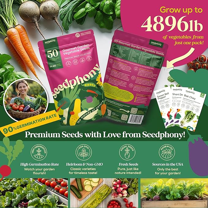 50 Gourmet Garden Vegetable Seeds Variety Pack - 34,455+ Non-GMO Heirloom Vegetables Seeds for Planting Indoor Outdoor: Broccoli, Carrot, Onion, Lettuce, Pepper - Gardening Seed Packets-PurrikoPets