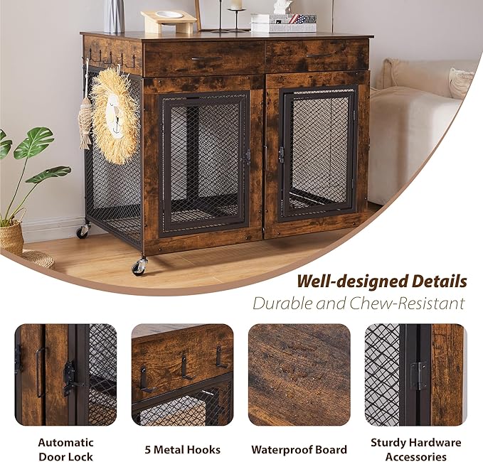 43" Large Dog Crate Furniture, Wood Dog Kennel End Table with Drawers, Decorative Pet Crate with Removable Partitions & Wheels, Dog House Indoor for Large/Medium/Small Dogs-PurrikoPets