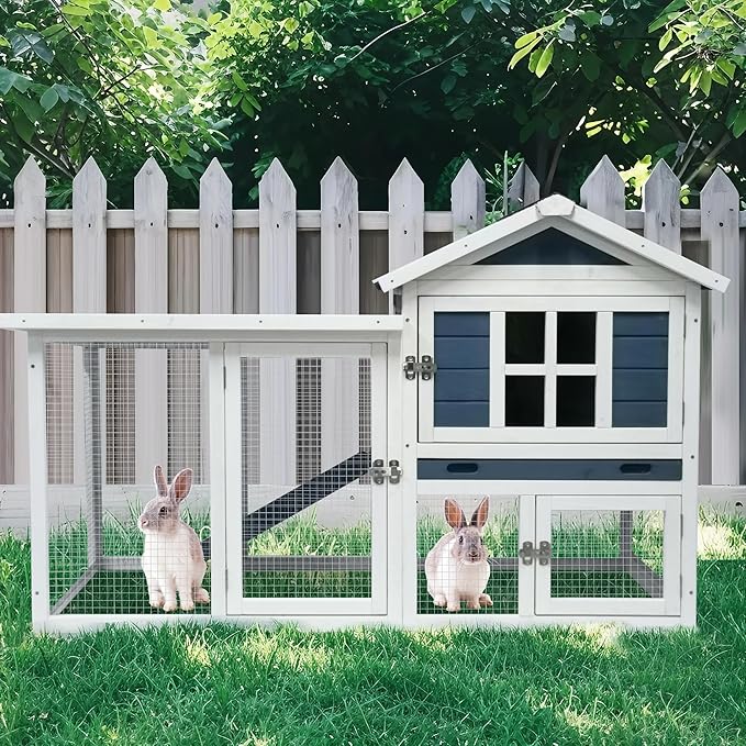 GARWOOD Large Outdoor Indoor Rabbit Hutch Wooden Bunny Rabbit Cage 2-Story with Run No-Leak Pull-Out Tray Waterproof Asphalt Roof Ramp for Guinea Pig Small Animal Wood Pet House Home Blue White-PurrikoPets