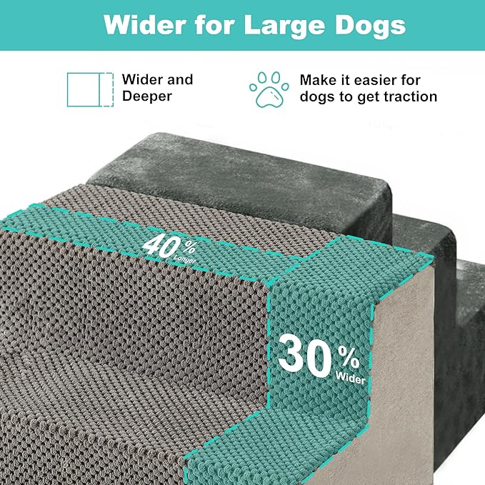 Dog Stairs for Large Dogs - Extra Wide Pet Stairs 2 in 1 with Zippers Suitable for Couch and Bed, Foam Dog Steps with Non Slip Bottom Grey 4 Steps, Grey-PurrikoPets