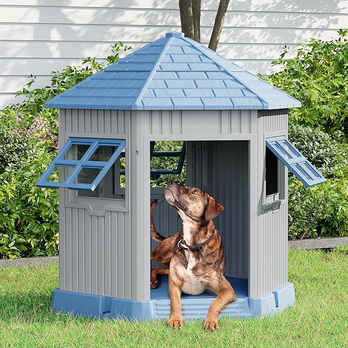 Durable Dog House Indoor Outdoor for Small Medium Dogs, Weatherproof Puppy Shelter with Elevated Floor & Air Vents, Easy Clean and Assemble (Blue, 36.61L*29.5W*37.4H)-PurrikoPets