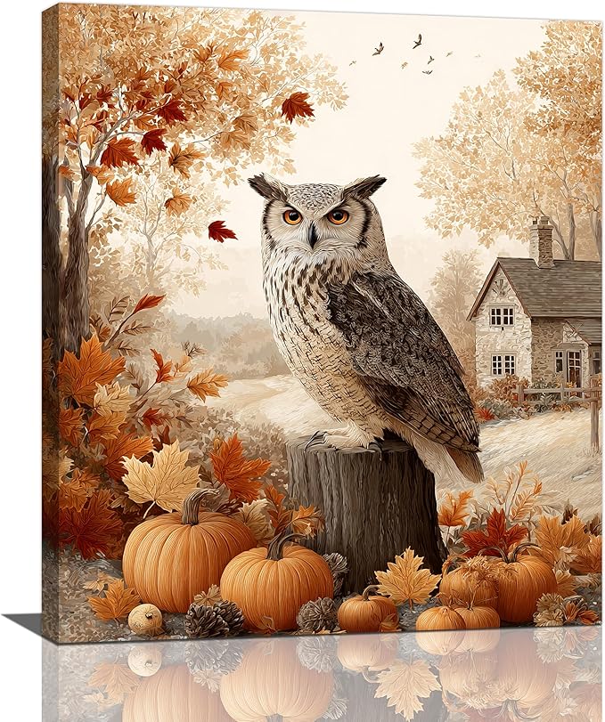 Fall Owl Wall Art Autumn Pumpkin Leaves Wall Decor Rustic Canvas Print Farmhouse Pictures Painting Print Framed Artwork Decorations Gifts for Living Room Bathroom Bedroom Office 20"x24"-PurrikoPets