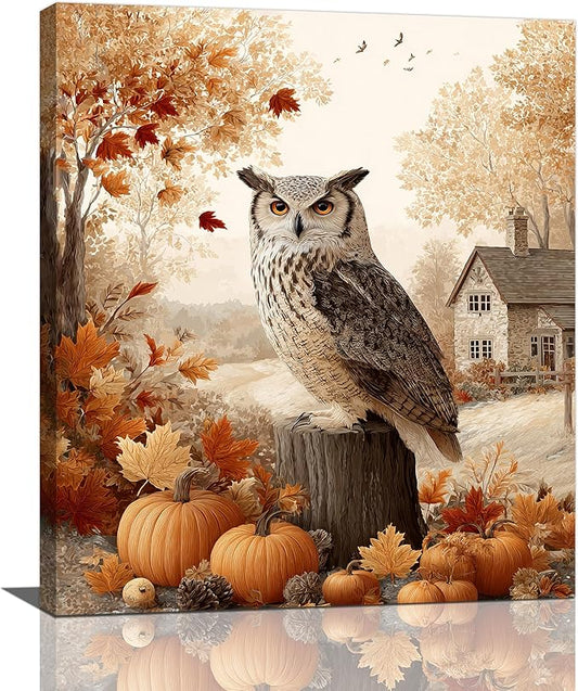 Fall Owl Wall Art Autumn Pumpkin Leaves Wall Decor Rustic Canvas Print Farmhouse Pictures Painting Print Framed Artwork Decorations Gifts for Living Room Bathroom Bedroom Office 20"x24"-PurrikoPets