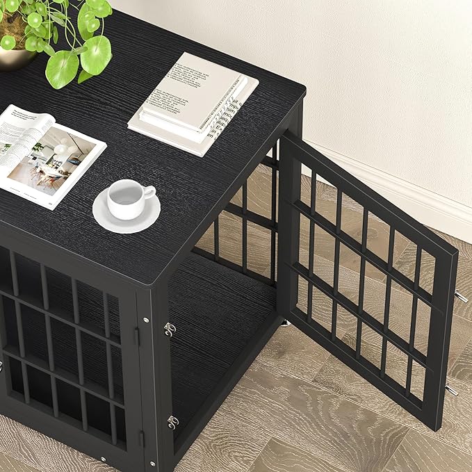 32 Inch Heavy Duty Dog Crate Furniture for Medium and Small Dogs, Decorative Pet House End Table, Wooden Cage Kennel Furniture Indoor, Black-PurrikoPets