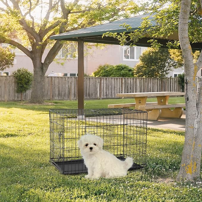 FDW Dog Crate for Small Dogs 24 Inch Folding Metal WirePet Cage Double Door W/Divider Panel Indoor Outdoor Kennel Leak-Proof Plastic Tray,Black-PurrikoPets