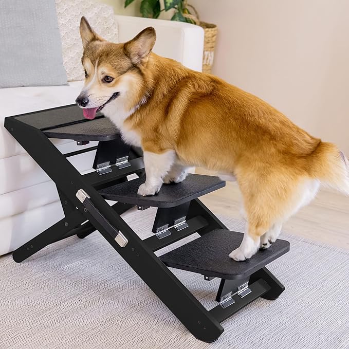 Dog Steps for Bed & Couch 2-in-1 Dog Stairs/Ramp - Height Adjustable Dog Ramp for Couch 7” - 20” - Pet Stairs, Dog Stairs for Small Dogs - Easy to Move Pet Steps with Landing Platform, Black-PurrikoPets
