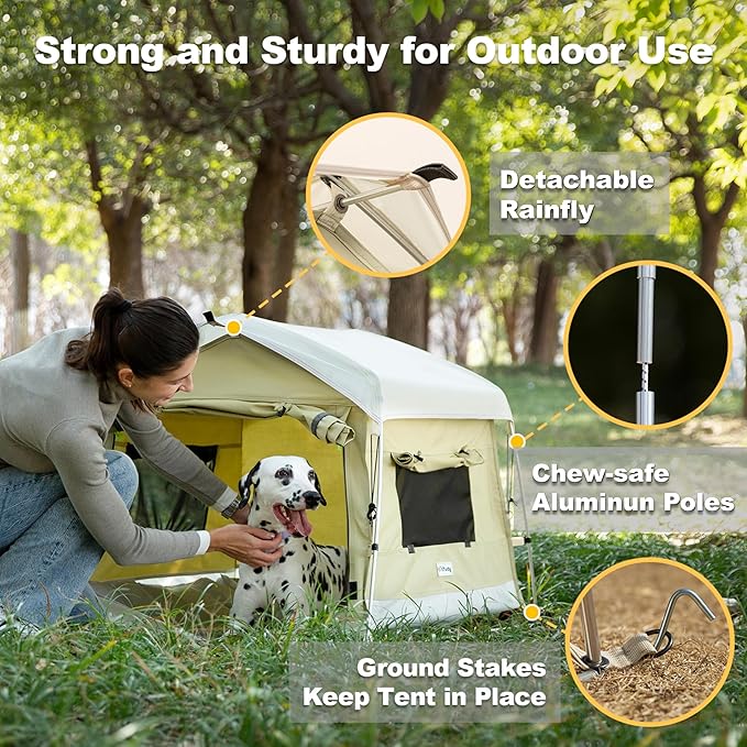 Dog Tent Cotton Fabric, Aluminum Poles and Camping Mat, Outdoor Weatherproof, Dog House Outdoor, Breathable with 2 Side Windows, Portable and Collapsible (Green, Large)-PurrikoPets