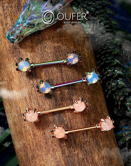 OUFER 14G Nipple Rings - 316L Surgical Steel Piercing Jewelry, 2PCS Pink Opals Surrounded by Dragon Claws Barbell