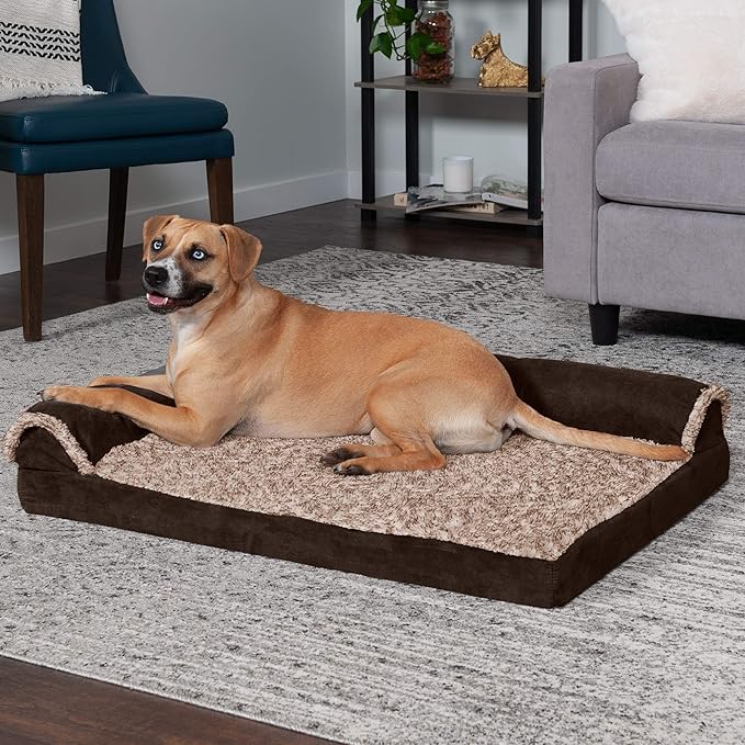 Furhaven Cooling Gel Dog Bed for Large/Medium Dogs w/ Removable Bolsters & Washable Cover, For Dogs Up to 55 lbs - Two-Tone Plush Faux Fur & Suede L Shaped Chaise - Espresso, Large-PurrikoPets