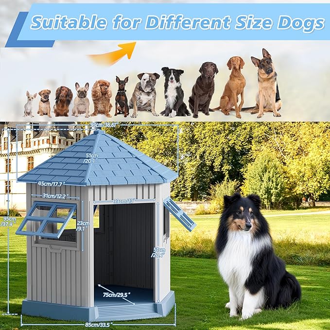 Durable Dog House Indoor Outdoor for Small Medium Dogs, Weatherproof Puppy Shelter with Elevated Floor & Air Vents, Easy Clean and Assemble (Blue, 36.61L*29.5W*37.4H)-PurrikoPets