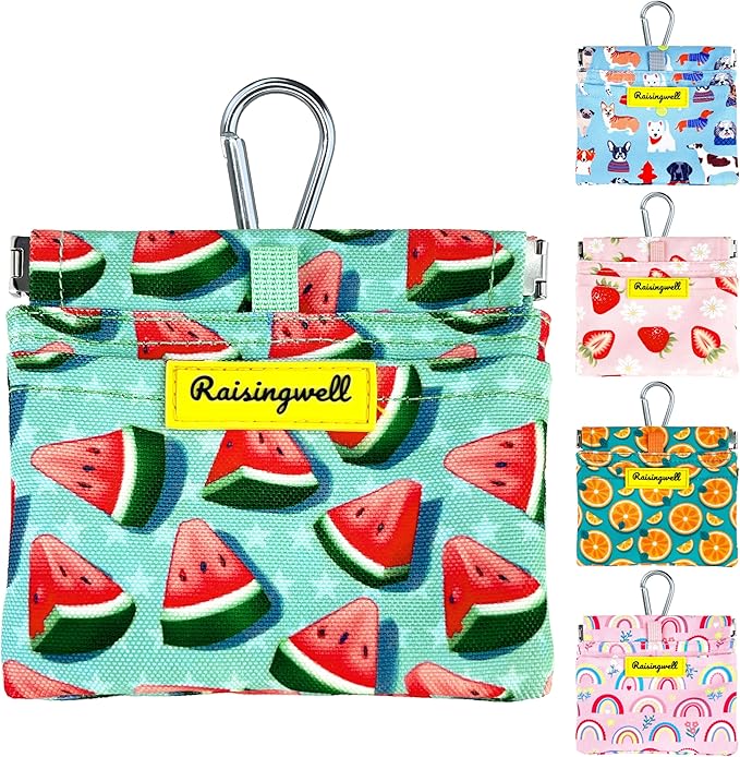 Dog Treat Pouch,Cotton Pocket Sized Training Holder, Hand Free Walking Funny Bag with Carabiner, Self-Closing Pet Feed Snack Reward, Behavior Aids for Puppy Travel or Outdoor Use（Watermelon）-PurrikoPets