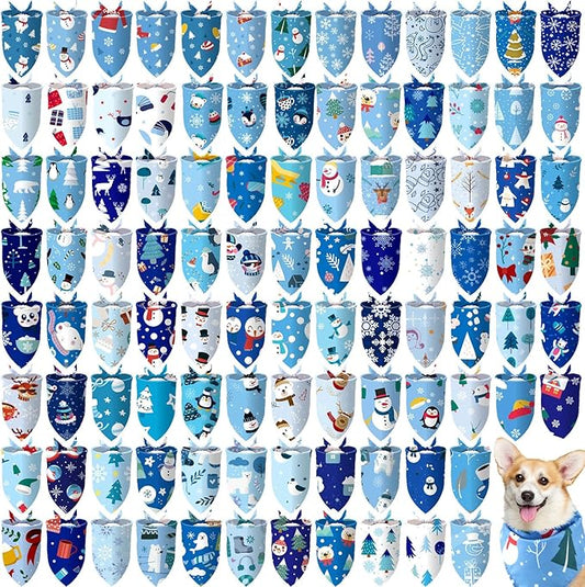 100 Pcs Winter Dog Bandanas Bulk Pet Bibs Blue Triangle Scarf Snowflake Pet Bandanas for Medium Large Dogs Winter Snowflake Christmas Party Holiday Festival Costume Decor-PurrikoPets