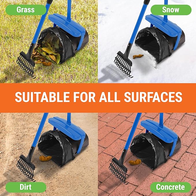 Dog Pooper Scooper with Bag Attachment, 40" Long Handle Pooper Scooper for Large Dogs, Dog Poop Scoop for Yard, Large Capacity Swivel Bin and Rake, Lavender Scented Bags (Blue)-PurrikoPets