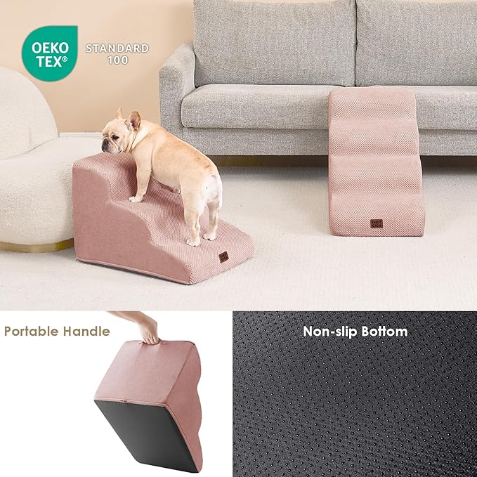 EHEYCIGA Curved Dog Stairs Ramp for High Beds 19.7" H, 4-Step Dog Steps for Small Dogs and Cats, Pet Stairs for High Bed Climbing, Non-Slip Balanced Pet Step Indoor, Dusty Pink-PurrikoPets