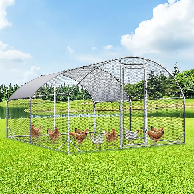 4ever2buy Large Metal Chicken Coop with Run Walk-in Poultry Cage Chicken Runs House Pen Cage Dome Roofed Chicken Coops with Anti-Ultraviolet Cover for Outdoor Yard Farm Use 9.5'W x 12.9'L x 6.3'H-PurrikoPets