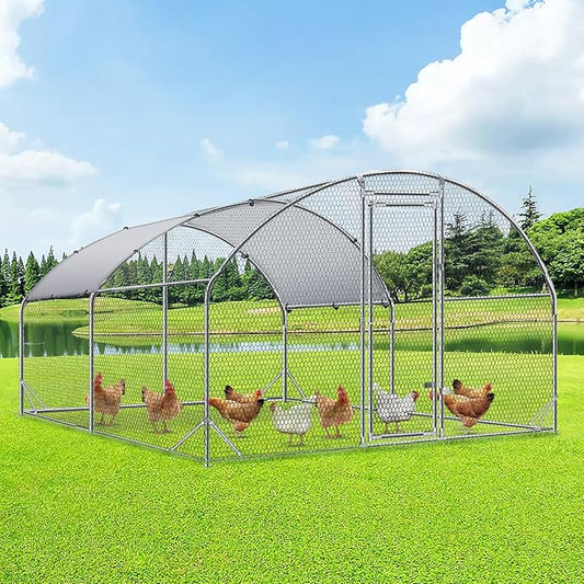 4ever2buy Large Metal Chicken Coop with Run Walk-in Poultry Cage Chicken Runs House Pen Cage Dome Roofed Chicken Coops with Anti-Ultraviolet Cover for Outdoor Yard Farm Use 9.5'W x 12.9'L x 6.3'H-PurrikoPets