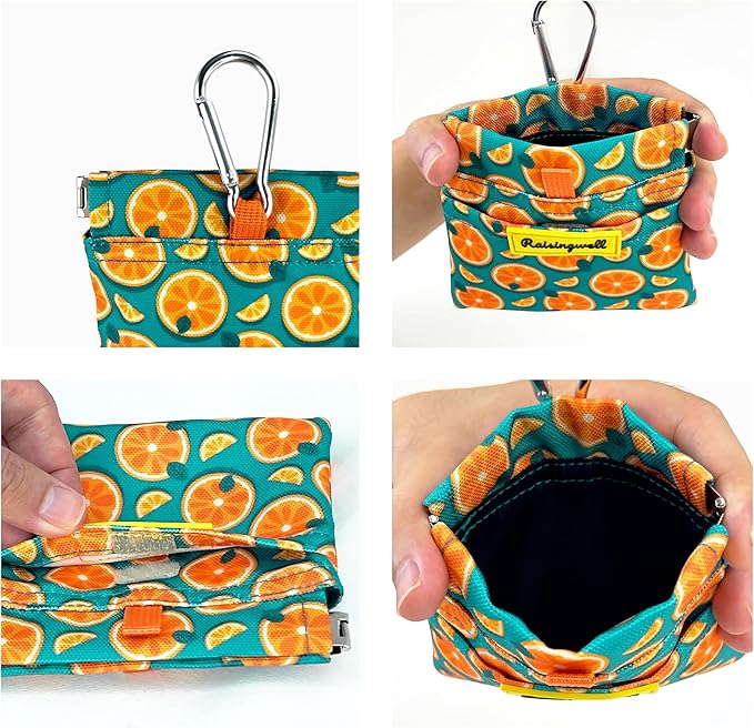 Dog Treat Pouch,Cotton Pocket Sized Training Holder, Hand Free Walking Funny Bag with Carabiner, Self-Closing Pet Feed Snack Reward, Behavior Aids for Puppy Travel or Outdoor Use（Fruit Orange）-PurrikoPets