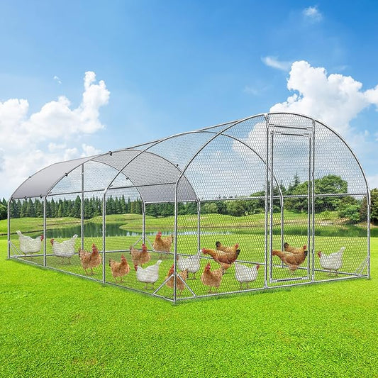 4ever2buy Large Metal Chicken Coop with Run Walk-in Poultry Cage Chicken Runs House Pen Cage Dome Roofed Chicken Coops with Anti-Ultraviolet Cover for Outdoor Backyard Farm Use 9.5'W x 19.3'L x 6.3'H-PurrikoPets