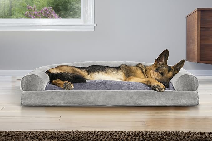 Furhaven Pillow Dog Bed for Large Dogs w/ Removable Bolsters & Washable Cover - Faux Fur & Velvet Sofa - Smoke Gray, Jumbo/XL-PurrikoPets