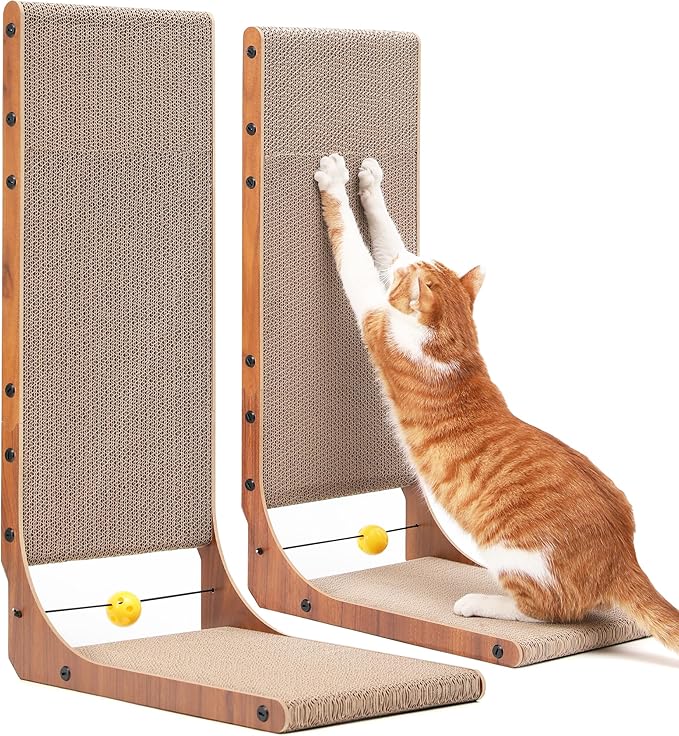 FUKUMARU Cat Scratcher, 26.8 Inch Cat Scratch Pad for Indoor Cats, L Shaped Cardboard Vertical Cats Scratching Board with Ball Toy, Walnut Color, 2 Packs-PurrikoPets