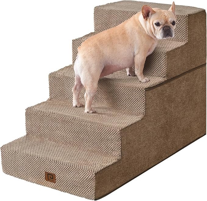 EHEYCIGA Dog Stairs for High Bed 25" H, 5-Step Extra Wide Dog Steps for Bed, Pet Steps for Small Dogs and Cats, Non-Slip Balanced Pet Ramp Indoor, Camel-PurrikoPets