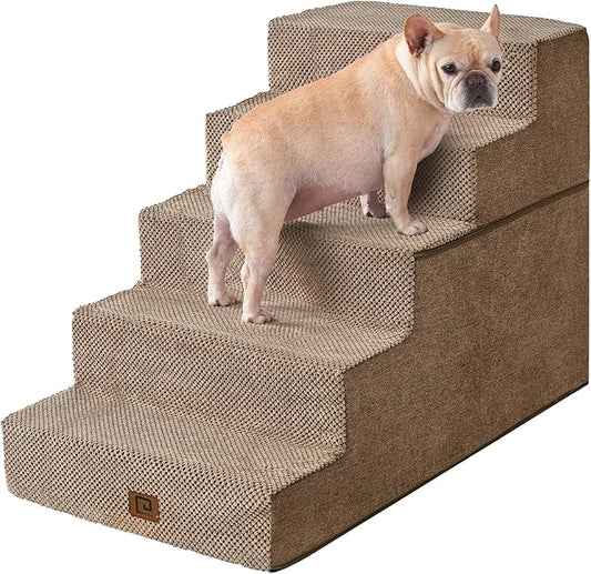 EHEYCIGA Dog Stairs for High Bed 25" H, 5-Step Extra Wide Dog Steps for Bed, Pet Steps for Small Dogs and Cats, Non-Slip Balanced Pet Ramp Indoor, Camel-PurrikoPets