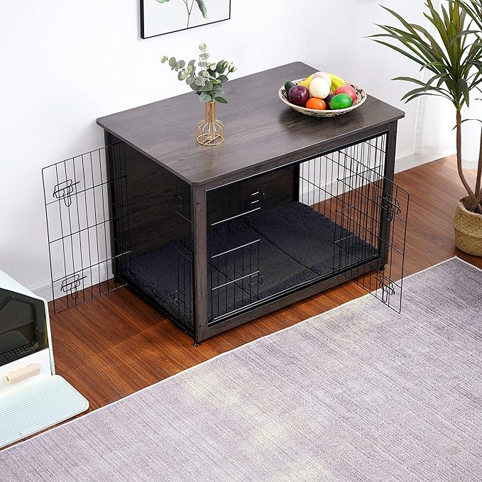 DWANTON Dog Crate Furniture with Cushion, Wooden Kennel Table with Double Doors, Indoor Dog House, Large Size, 38.5" L, Dark Gray-PurrikoPets