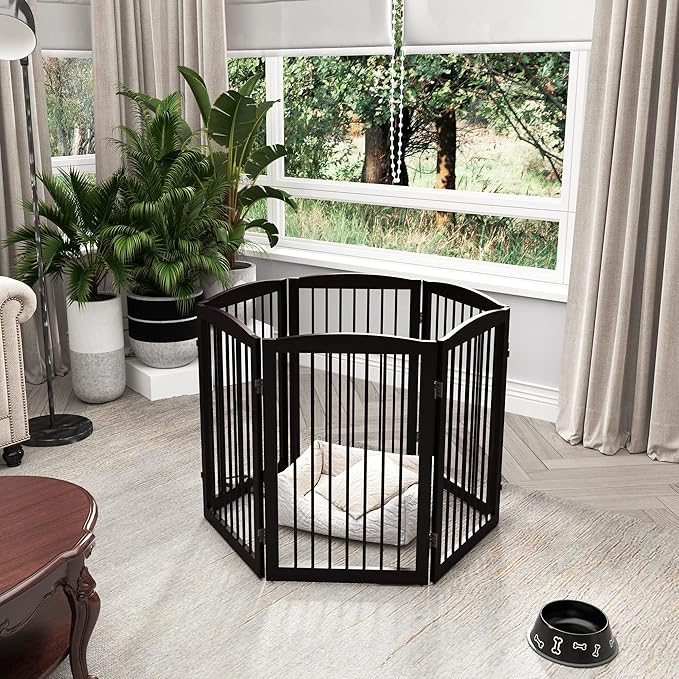 Freestanding Pet Gate for Dogs, Indoor Wooden Foldable Dog Gate for House, Extra Wide, Pet Fence for Stairs, Doorways, Halls, Support Feet Included, 120 Inch Wide, 6 Panels 32",Brown-PurrikoPets