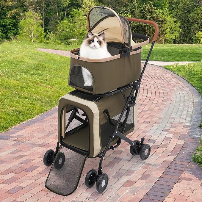 Double Pet Stroller with Detachable Carriers, Large Cat & Dog Stroller with 4 Wheels, Foldable Pet Strollers Small & Medium Dogs Cats 77lbs (Dark Green)-PurrikoPets