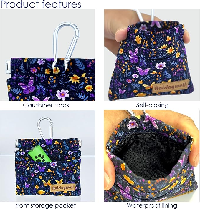 Dog Treat Pouch, Pocket Sized Pet Training Pouch, Cotton Fabric, Hand Free Purple Flower Dog Walking Bag with Carabiner, Self-Closing Pet Feed Snack Reward, for Puppy Travel or Outdoor Use-PurrikoPets
