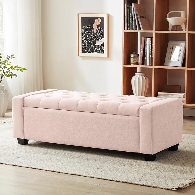 48" Ottoman with Storage, Pink Storage Ottoman Bench with Safety Hinge, Upholstered Entryway Bench with Seating for Bedroom, Living Room, Holds up to 330 lb-PurrikoPets