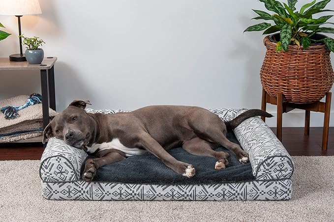 Furhaven Orthopedic Dog Bed for Large/Medium Dogs w/ Removable Bolsters & Washable Cover, For Dogs Up to 55 lbs - Plush & Southwest Kilim Woven Decor Sofa - Boulder Gray, Large-PurrikoPets