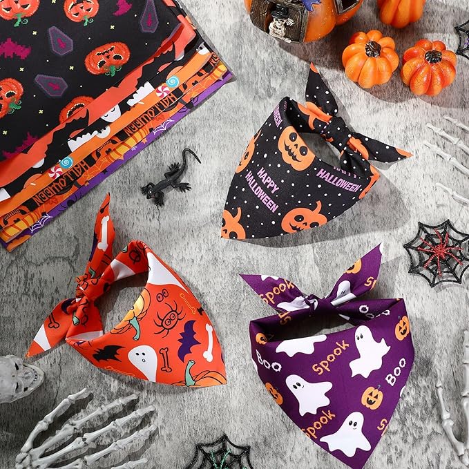 Abbylike 50 Pcs Halloween Dog Bandanas Bulk Pumpkin Bandanas for Dogs Triangle Kerchief Bibs Scarf Set for Pet Halloween Costume Photo Props Accessories Pet Shops, 25 Styles (25.6 x 17.7 x 17.7")-PurrikoPets