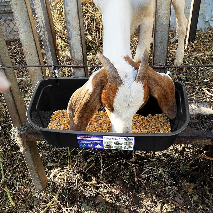 Goovilla Large Feed Trough, Hanging or Screw-in Fence Feeder with Clips, 2 Pack 9 Quart Goat Feeder Supplies, Dog Horse Hog Pig Livestock Poultry Plastic Feeder Trough Bucket for Large Animal, Black-PurrikoPets