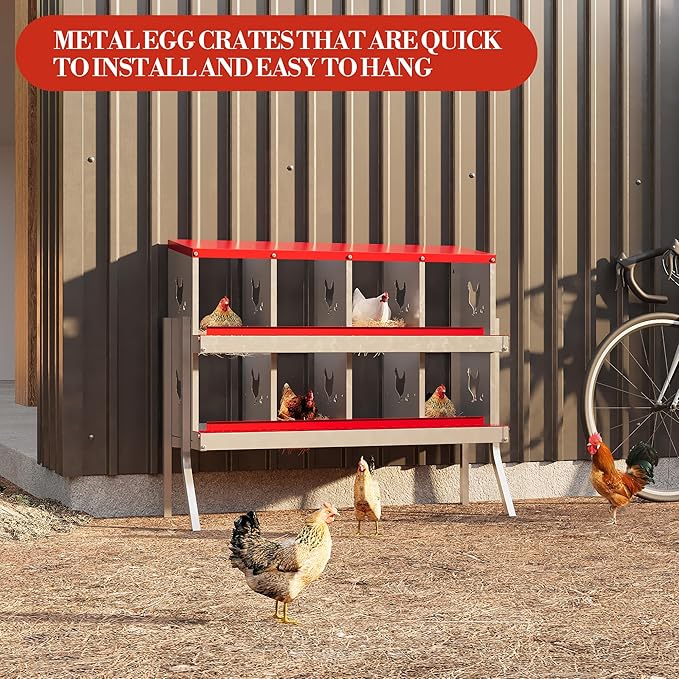 8 Hole Chicken Nesting Box with Roll Out Egg Tray, Rustproof & Ventilated Chicken Laying Boxes for Hens, Chickens, Ducks | Easy-Clean Poultry Coop Accessories, Red with Stand-PurrikoPets