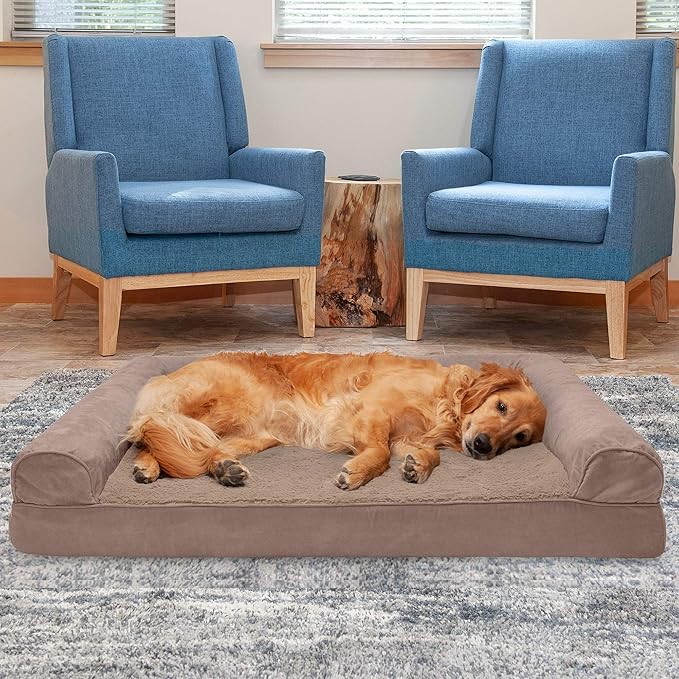 Furhaven Cooling Gel Dog Bed for Large Dogs w/ Removable Bolsters & Washable Cover, For Dogs Up to 95 lbs - Plush & Suede Sofa - Almondine, Jumbo/XL-PurrikoPets